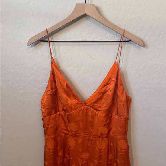 SAU LEE Francesca Midi Maxi Spaghetti Strap Gown Orange Jacquard Leaves Print 10 - Picture 5 of 7